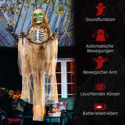 HOMCOM Halloweendekoration, Hängendes Skelett, leuchtender Kopf, unheimliches Heulen, biegsame Arme, Khaki