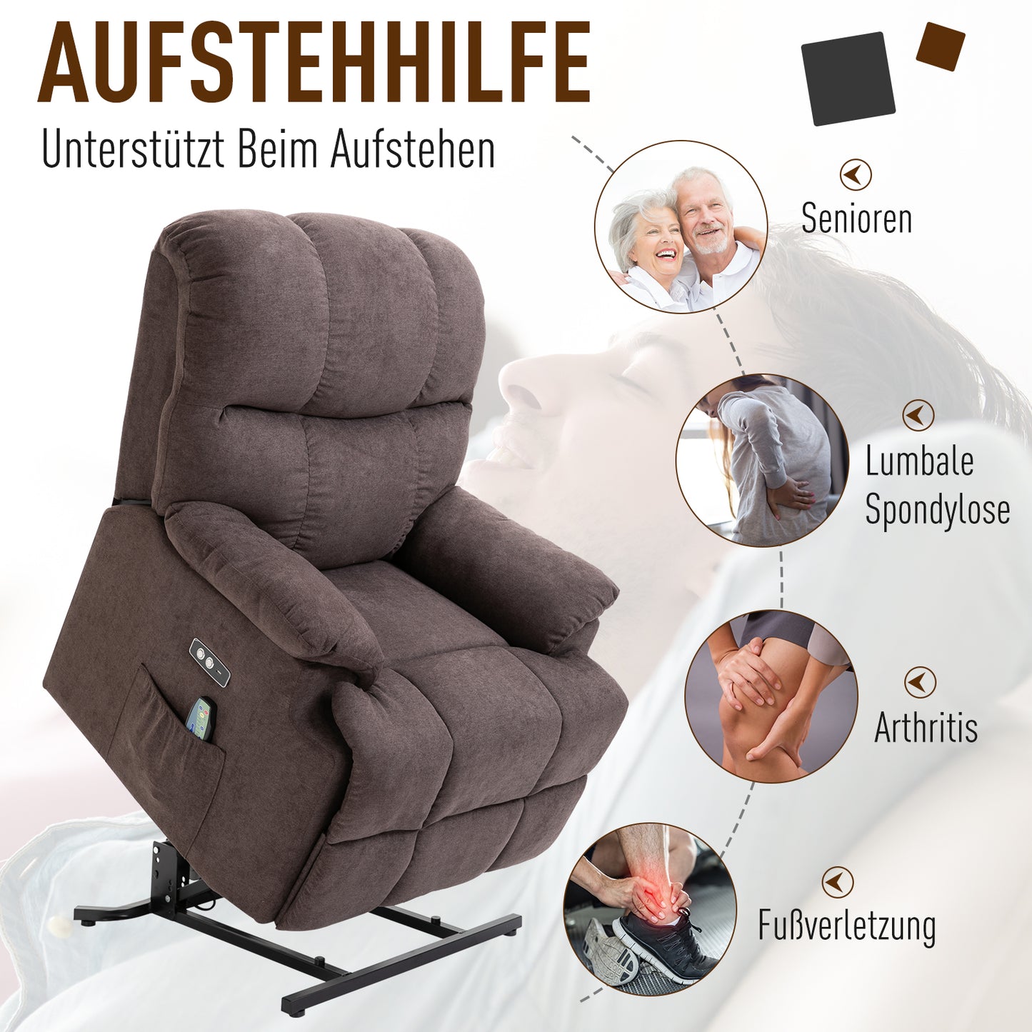 HOMCOM Relaxsessel mit Aufstehhilfe, 160° verstellbare Rückenlehen, Massage- und Wärmefunktion, 83 cm x 95 cm x 105 cm, Braun