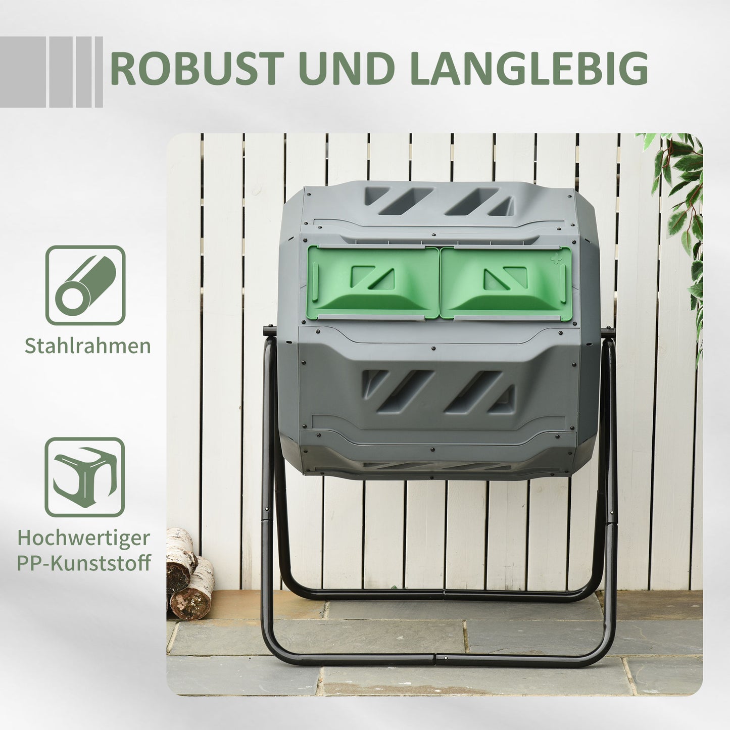 Outsunny Kompostbehälter mit 2 Behältern, 160 L Fassungsvermögen, drehbar, 71 cm x 65 cm x 96 cm, Grau + Grün + Schwarz