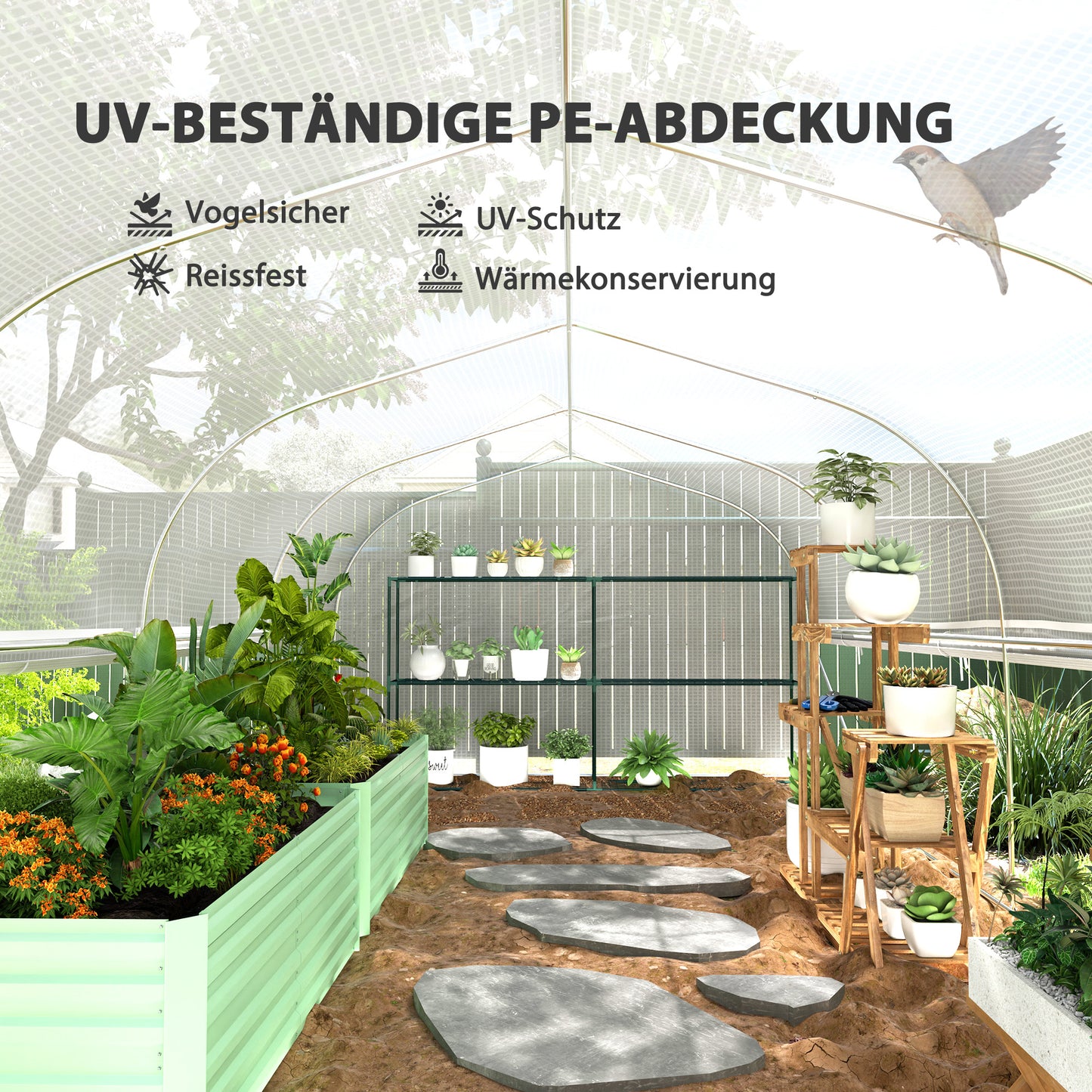 Outsunny 6x3x2 m Gewächshaus, begehbar, 8 Fenster, Tür, Fliegennetze, Metallgestell, Weiß