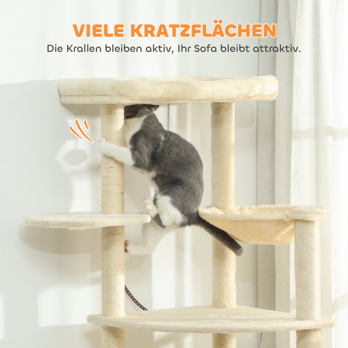 PawHut 2 Meter hoher Kratzbaum für 2-3 Katzen, Kratzpfosten, Höhlen, Hängematte, Verstecke, mehrstöckiges Design, Sisal, Holz, Plüsch, Beige