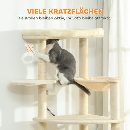 PawHut 2 Meter hoher Kratzbaum für 2-3 Katzen, Kratzpfosten, Höhlen, Hängematte, Verstecke, mehrstöckiges Design, Sisal, Holz, Plüsch, Beige
