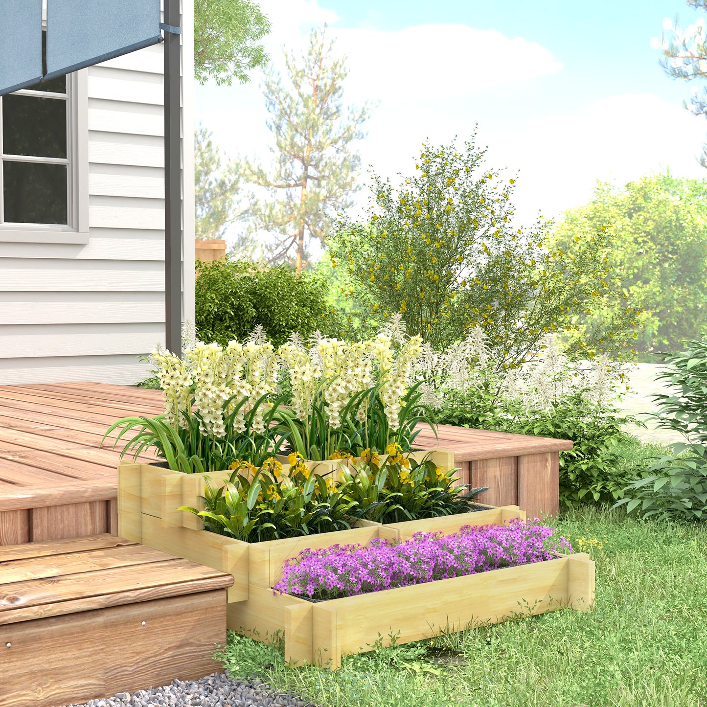 Outsunny Hochbeet, Blumenkasten, 3-stufig, Drainageöffnung, Stoffauskleidung, Naturholz, 93 x 93 x 35 cm