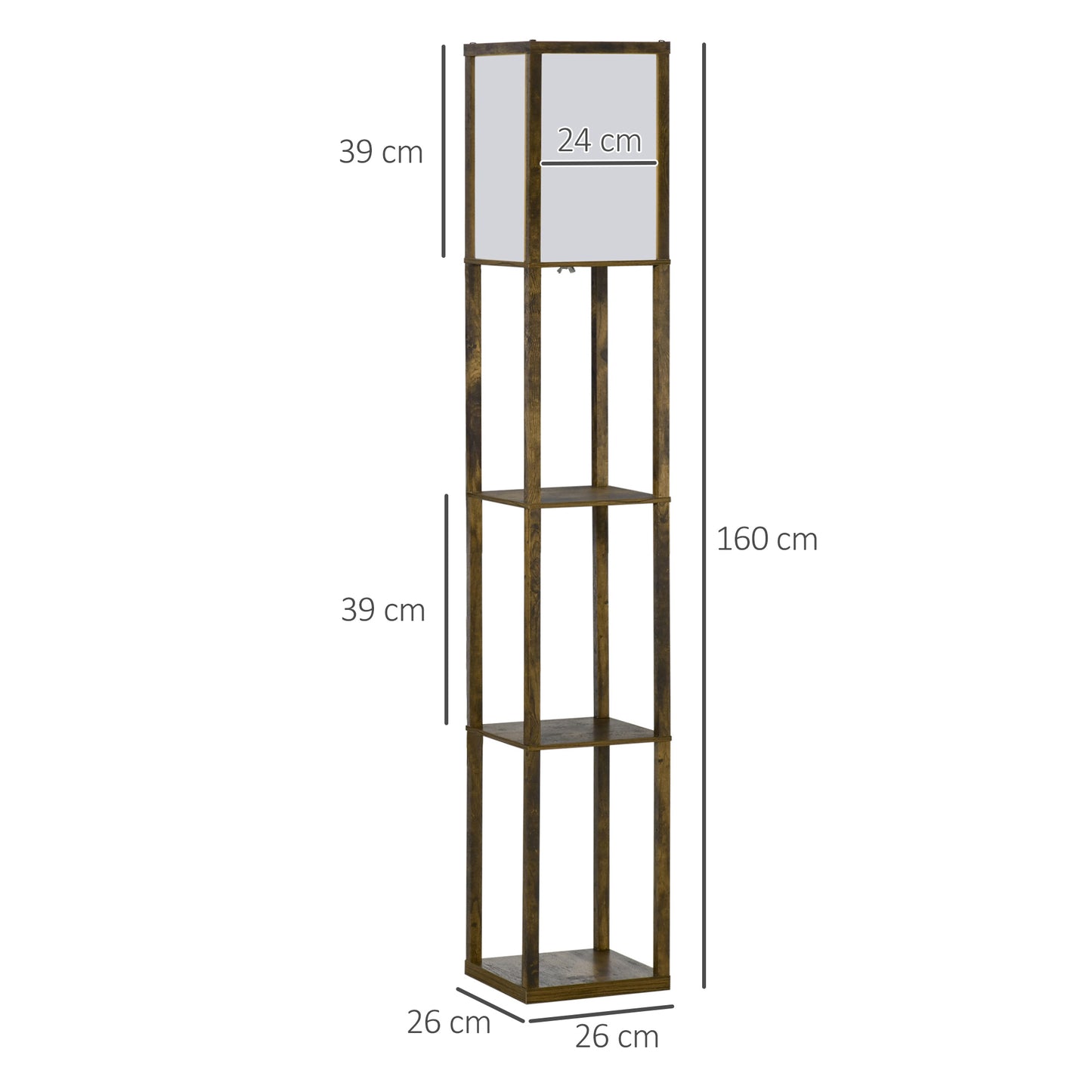 HOMCOM Stehlampe mit Regalen, Stehleuchte, Holz, 26 x 26 x 160 cm, für Wohn-/Schlafzimmer (Ohne Glühbirne)