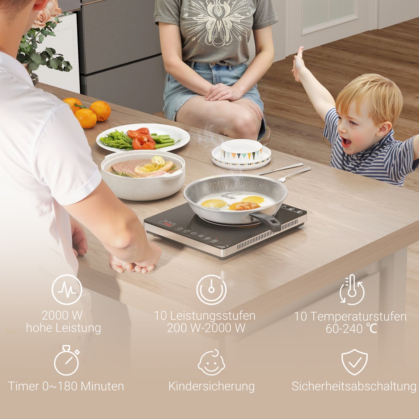 HOMCOM Kochplatte, Induktionskocher mit 10-Stufen-Temperatur, Touchpanel, Schwarz