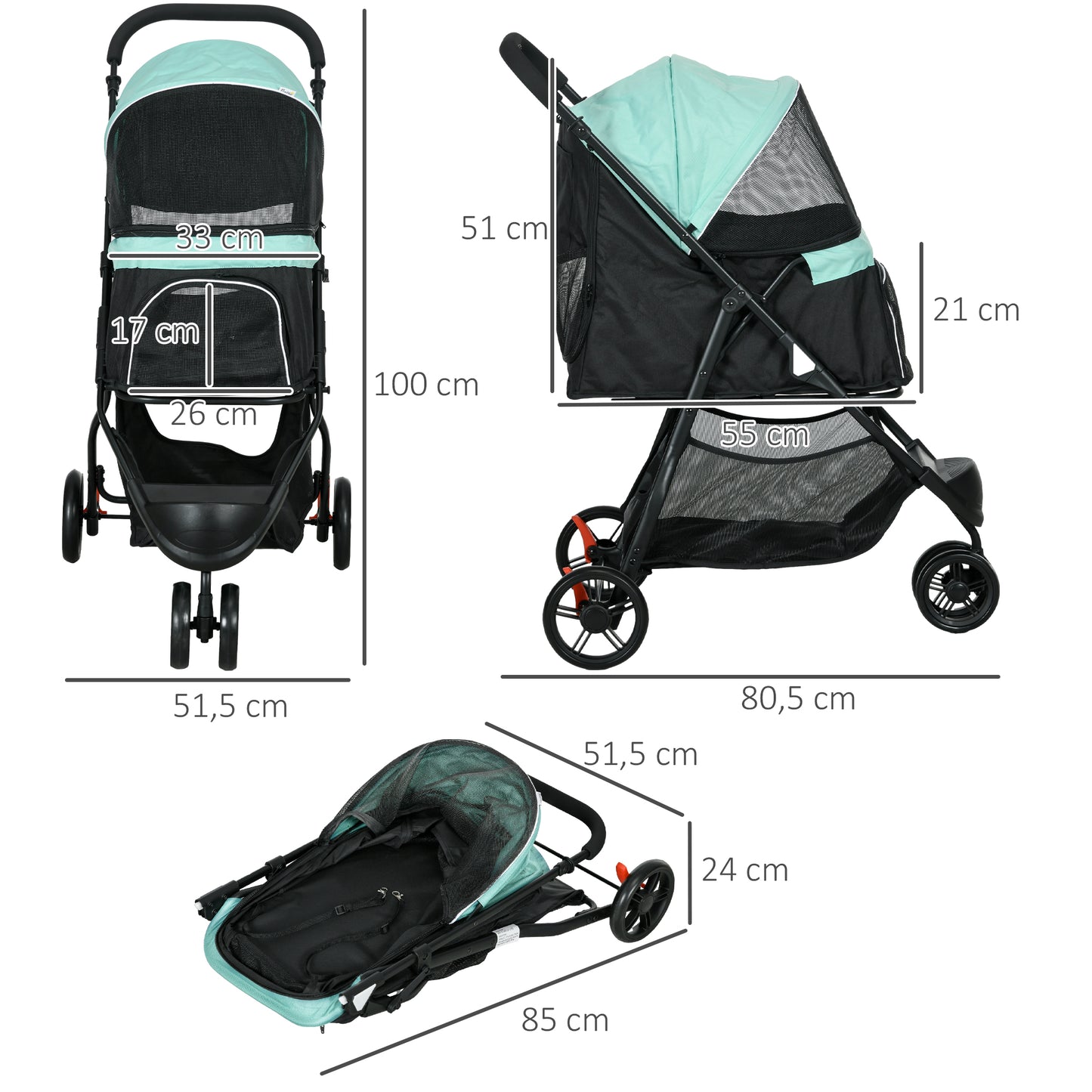 PawHut Haustierbuggy Hundebuggy, klappbar, mit Regenschutz, 2 Getränkehalter, Blau + Grün