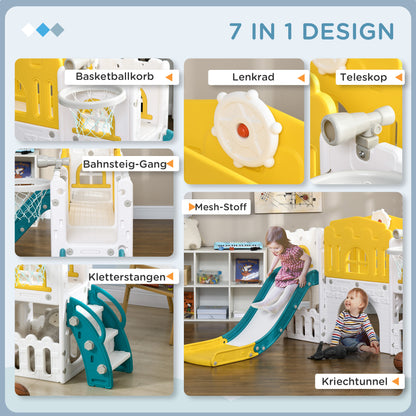 AIYAPLAY Kinderrutsche, 7-in-1 Spielgerüst, mit Basketball & Lenkrad, für 1-3 Jahre, 178x177x99cm, Gelb/Weiß/Grün
