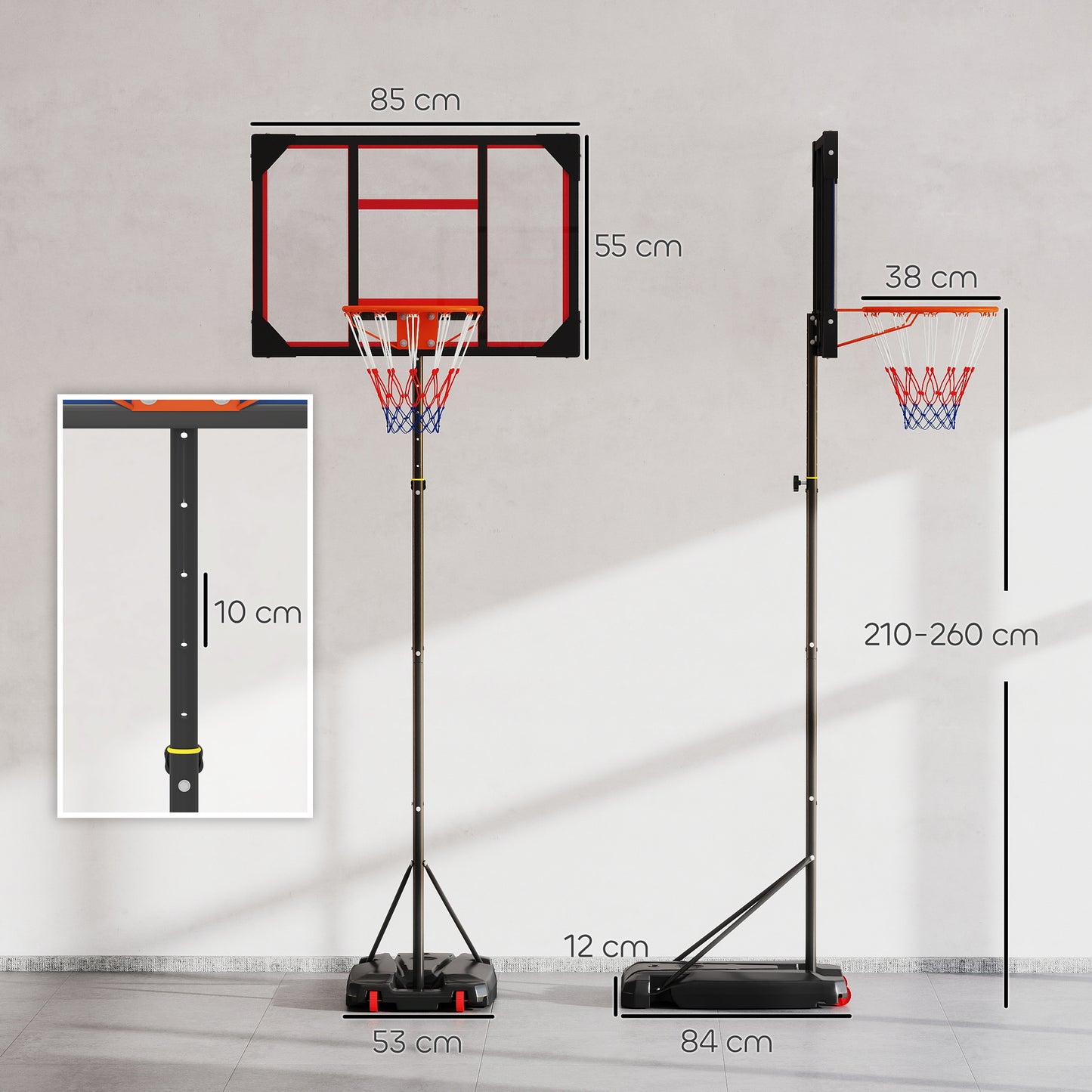AIYAPLAY Kinder-Basketballkorb, Outdoor-Basketballkorb für Kinder, 210-260 cm höhenverstellbar, mit Rädern, ab 6 Jahren, Rot