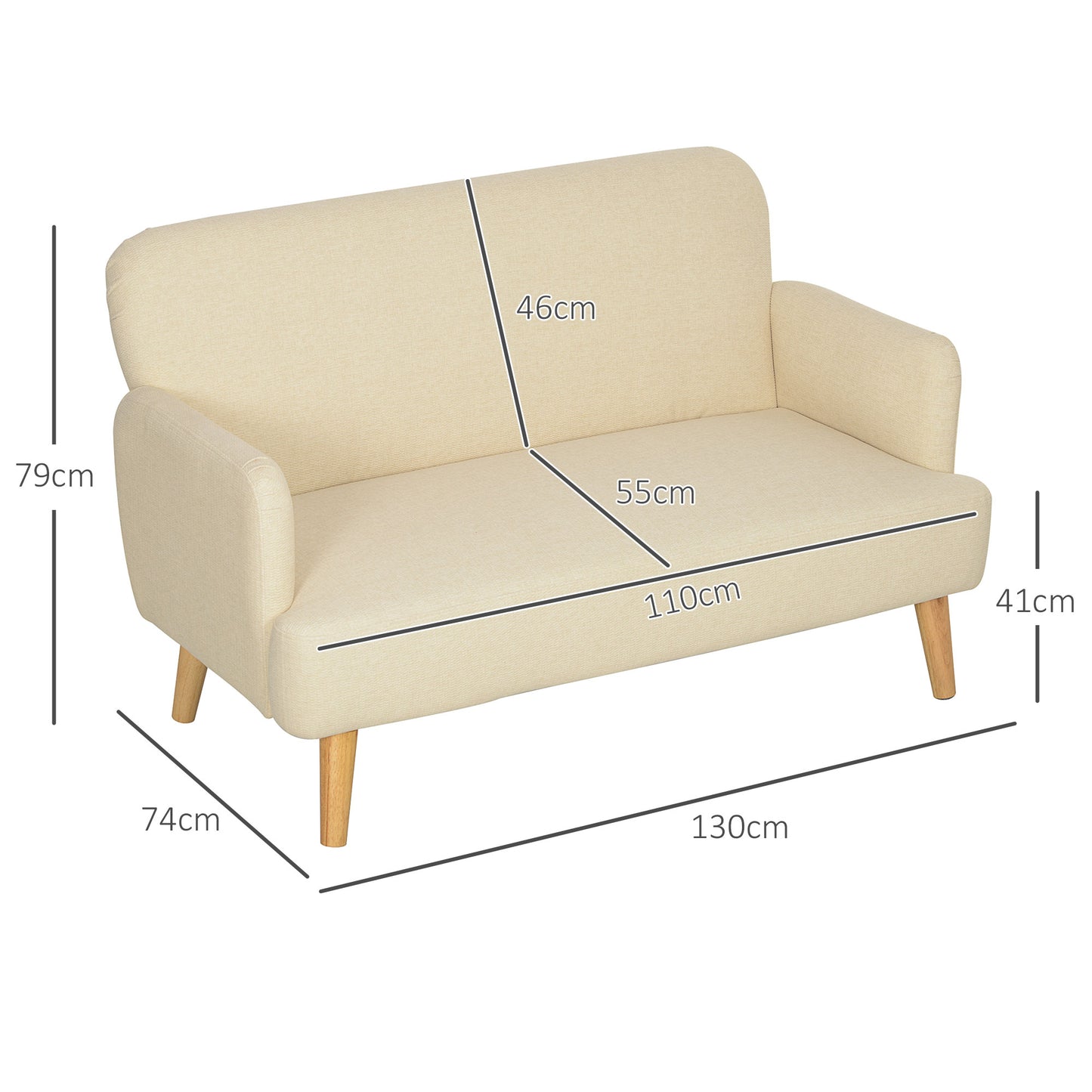 HOMCOM Zweisitzer-Sofa, kompakt, hautfreundlicher Bezug, bis 240 kg, 130x74x79 cm, Cremeweiß