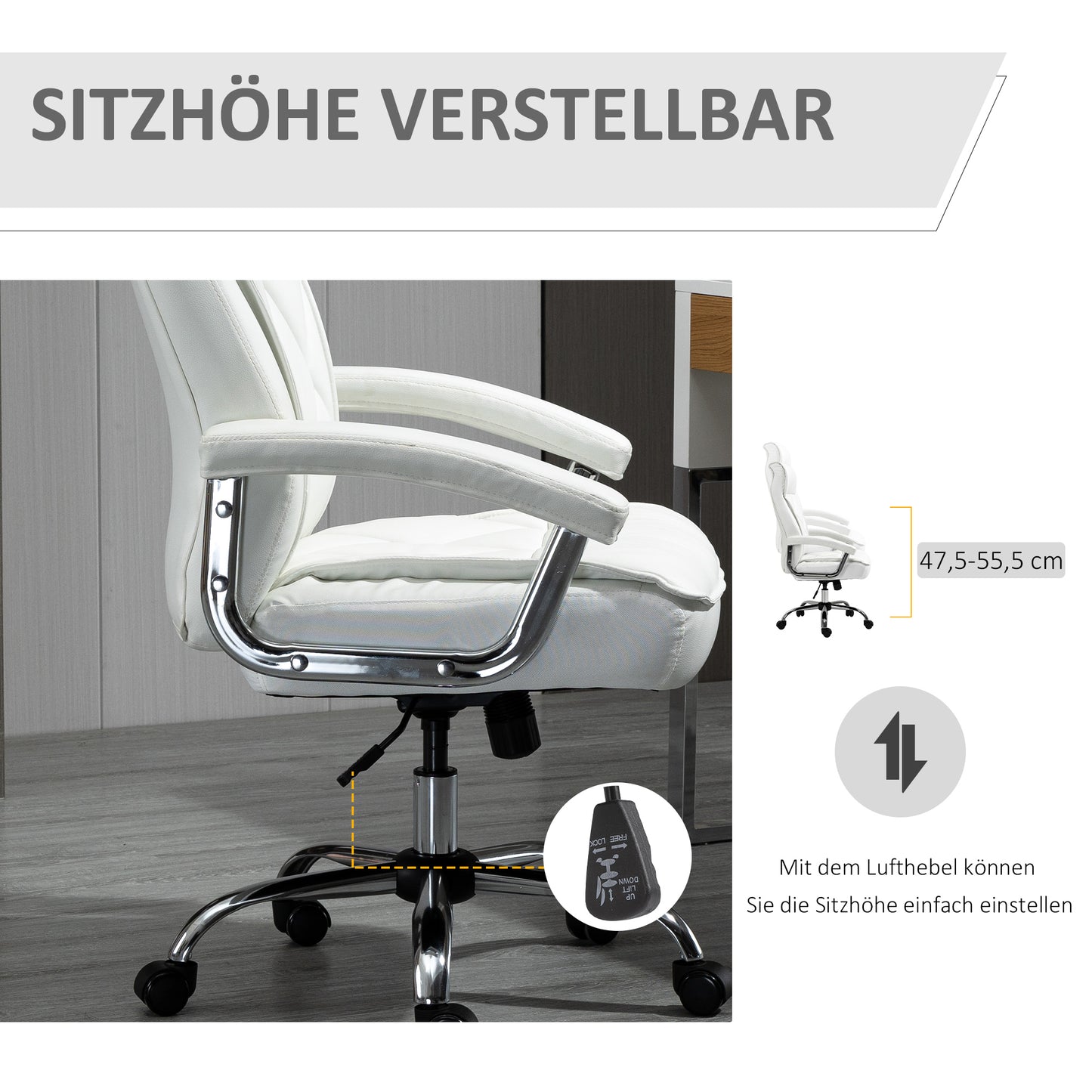 Vinsetto Bürostuhl, ergonomisk Schreibtischstuhl, höhenverstellbarer Drehstuhl med Wippfunktion, Rautenmuster, Konstledare, Gepolsterter Chefsessel, Weiß