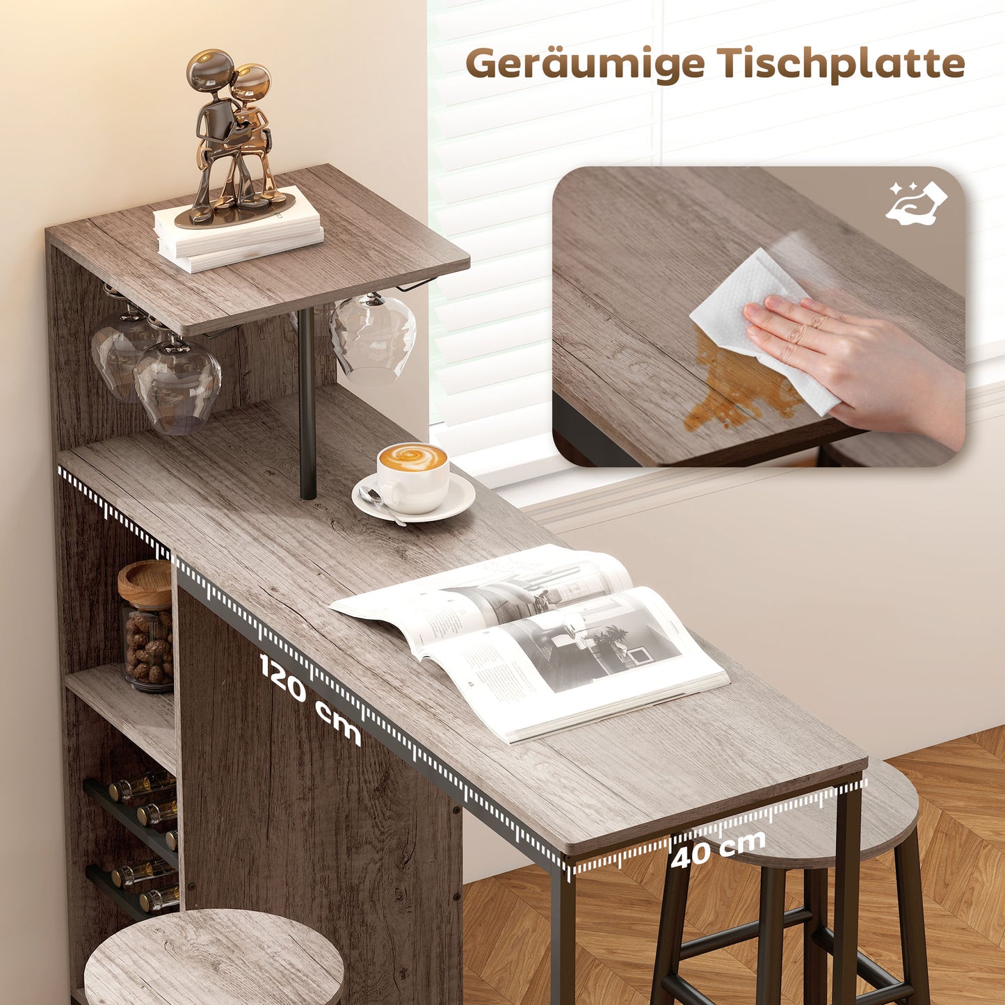 HOMCOM 3-tlg. Bartisch-Set mit Stauraum, Weinregalen, Glashaltern, Hockern mit Fußstütze, für kleine Räume, Grau