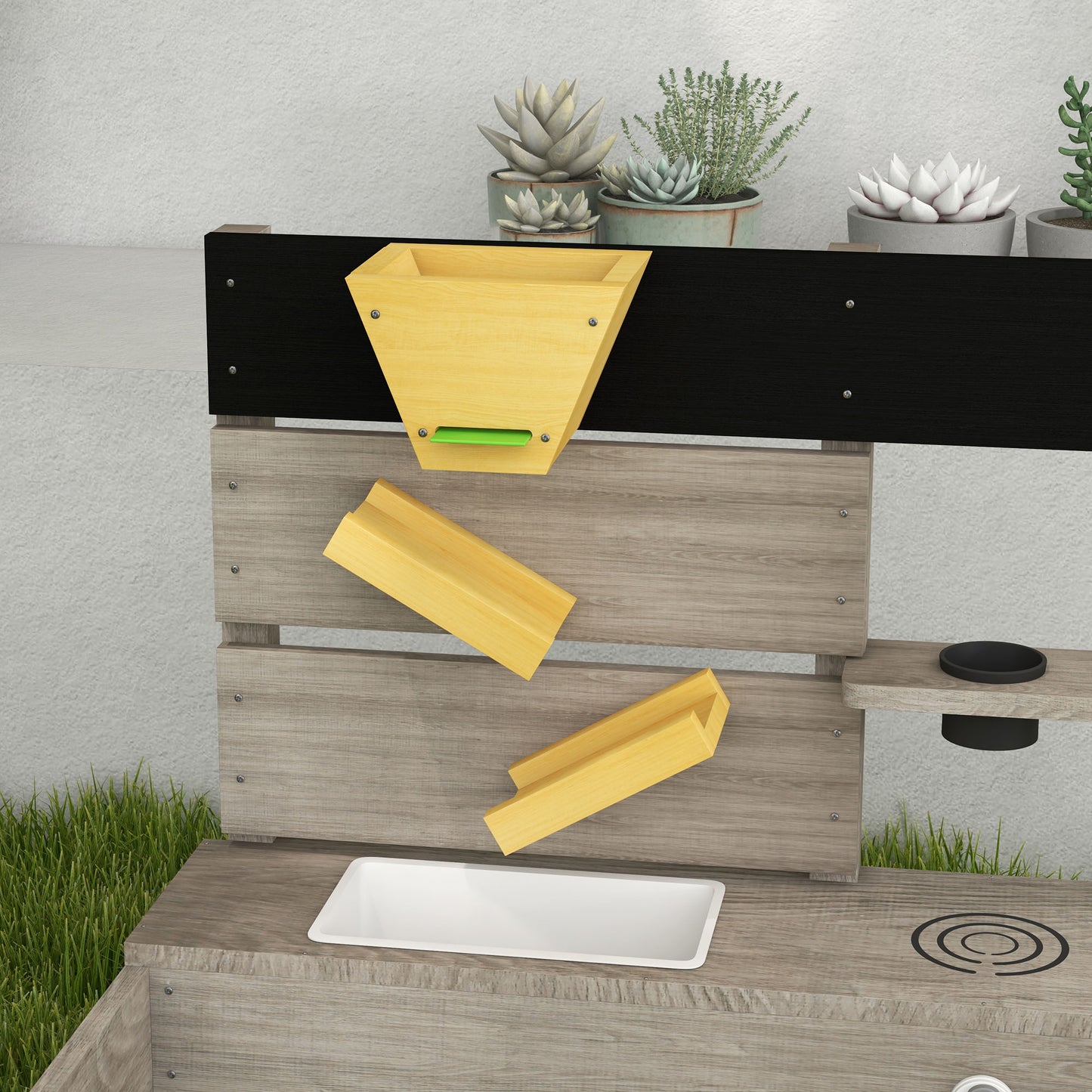 Outsunny Sandkasten mit Wasserstation, 2 Pflanzkästen, behandlades Massivholz, 154 x 80 x 60cm, Grau