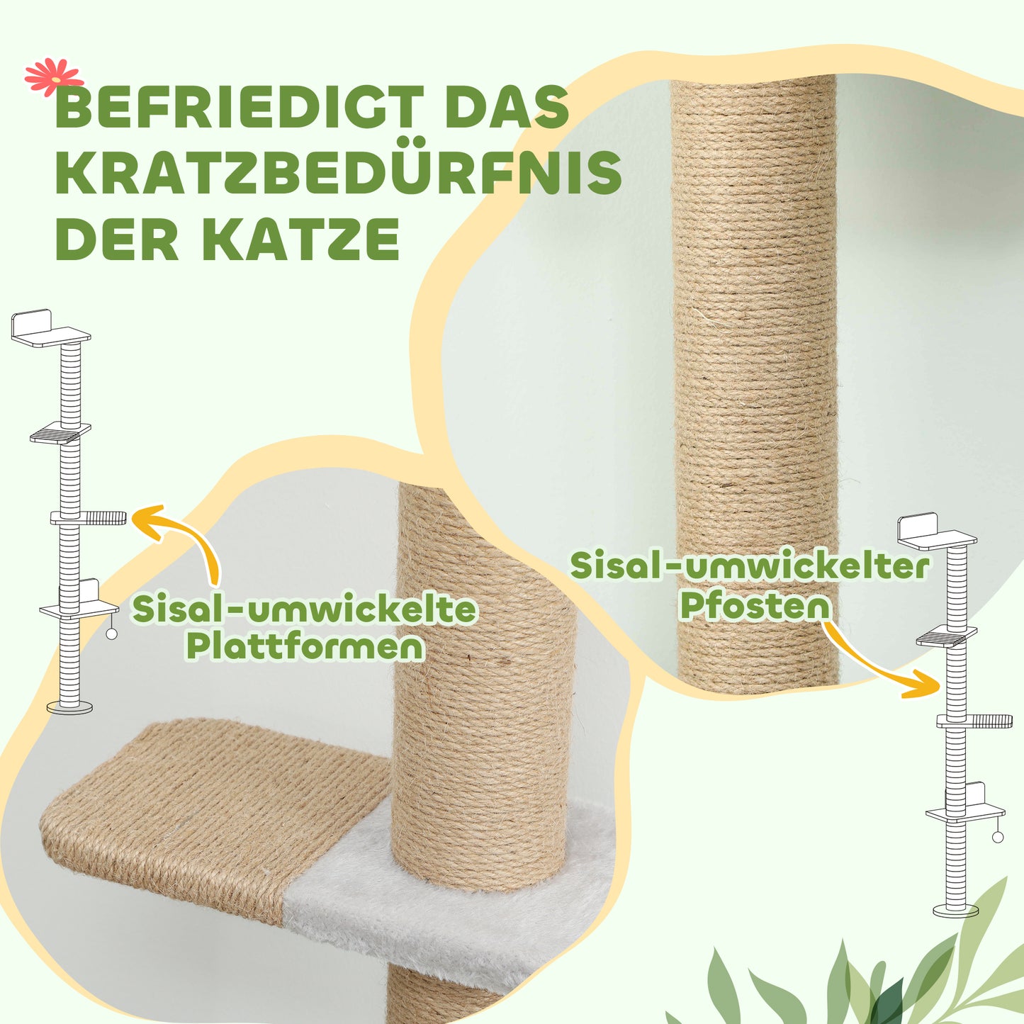 PawHut Katzenkratzbaum, 5-stufiges Design, Spielzeug, Sisalpfosten, Plüschstoff, Hellgrau