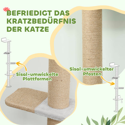 PawHut Katzenkratzbaum, 5-stufiges Design, Spielzeug, Sisalpfosten, Plüschstoff, Hellgrau