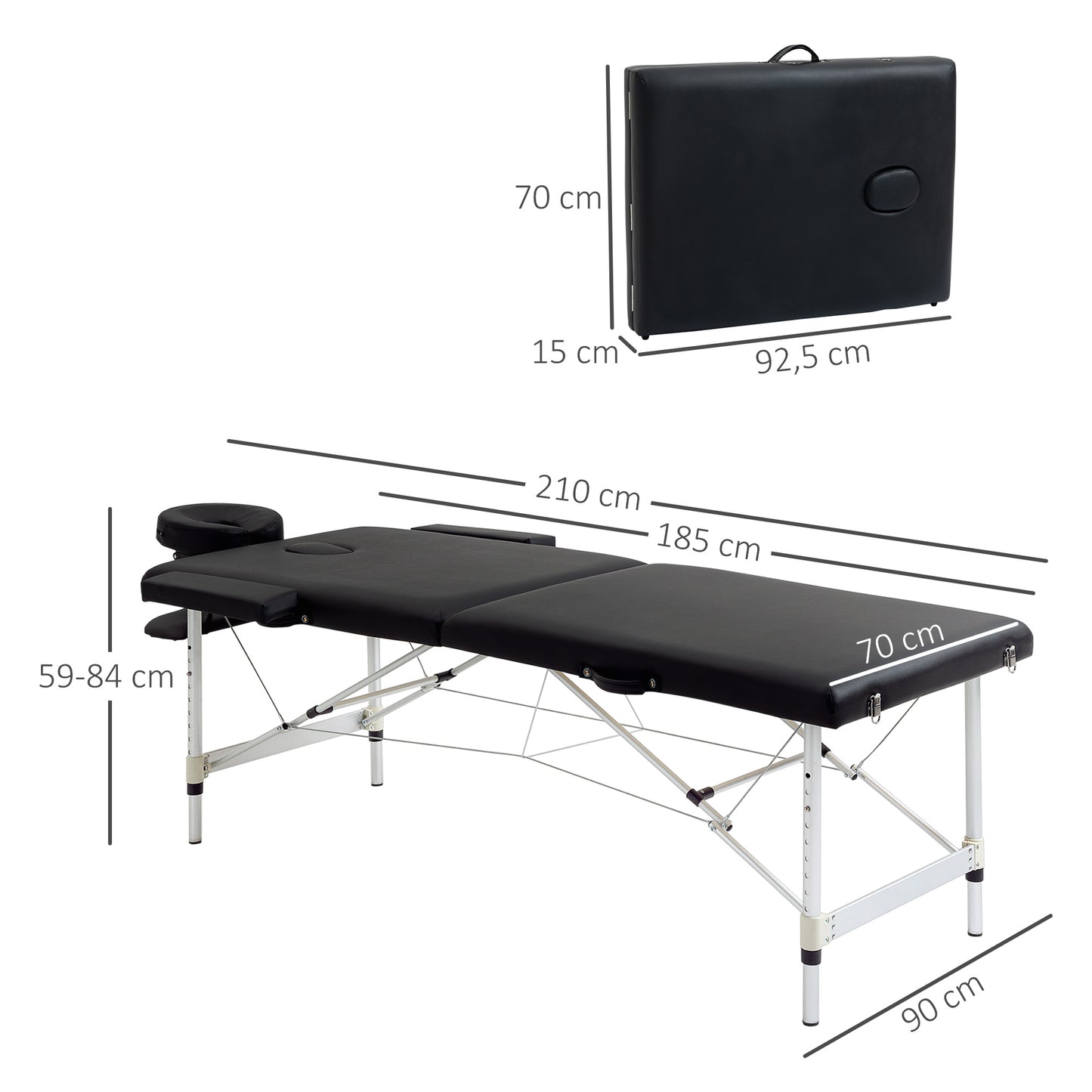 HOMCOM Massageliege, 2 Zonen klappbarer Massagetisch mit Kunstleder-Bezug, Kopfstütze, Armlehnen, Tasche, höhenverstellbare Massagebank 90cm Breit bis 225 kg belastbar, Schwarz