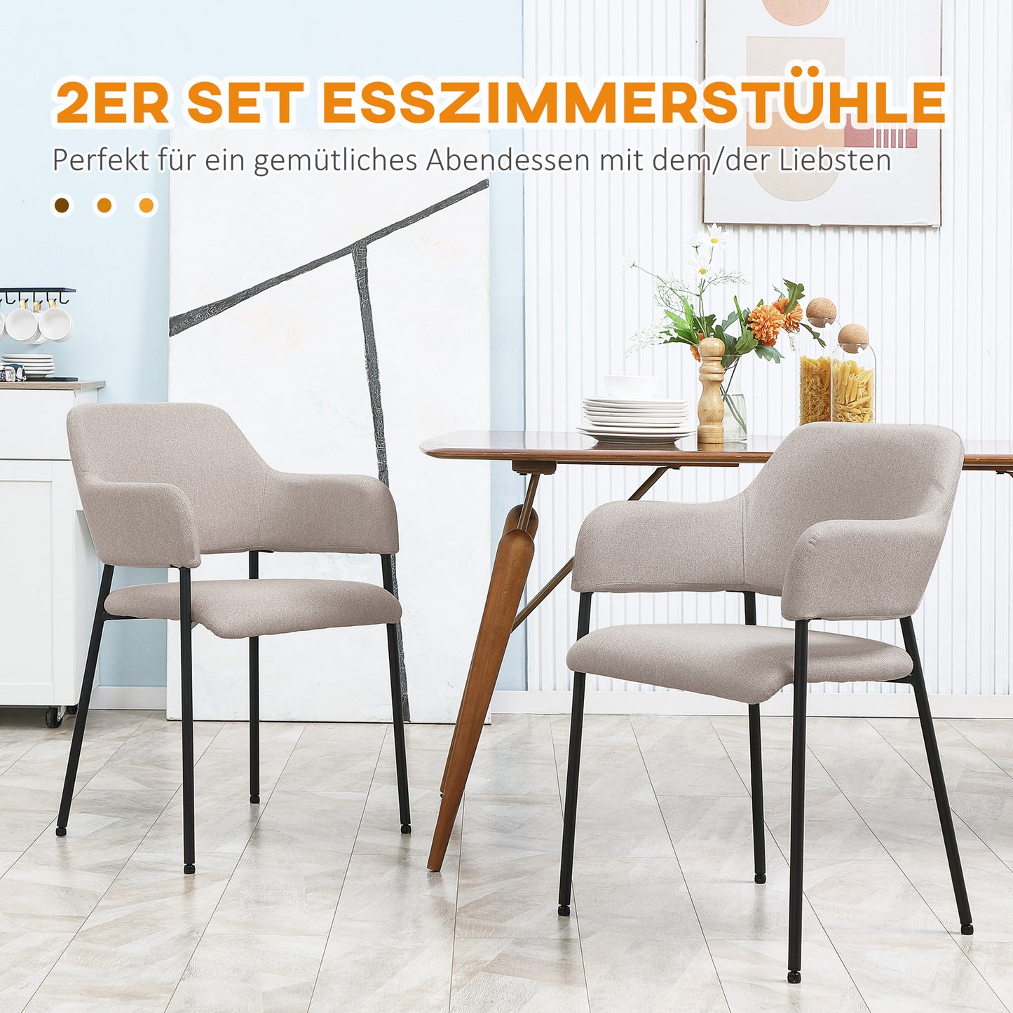 HOMCOM Esszimmerstühle, 2er-Set, bequem, Leinenoptik, Metallrahmen, bis 120 kg, Beige