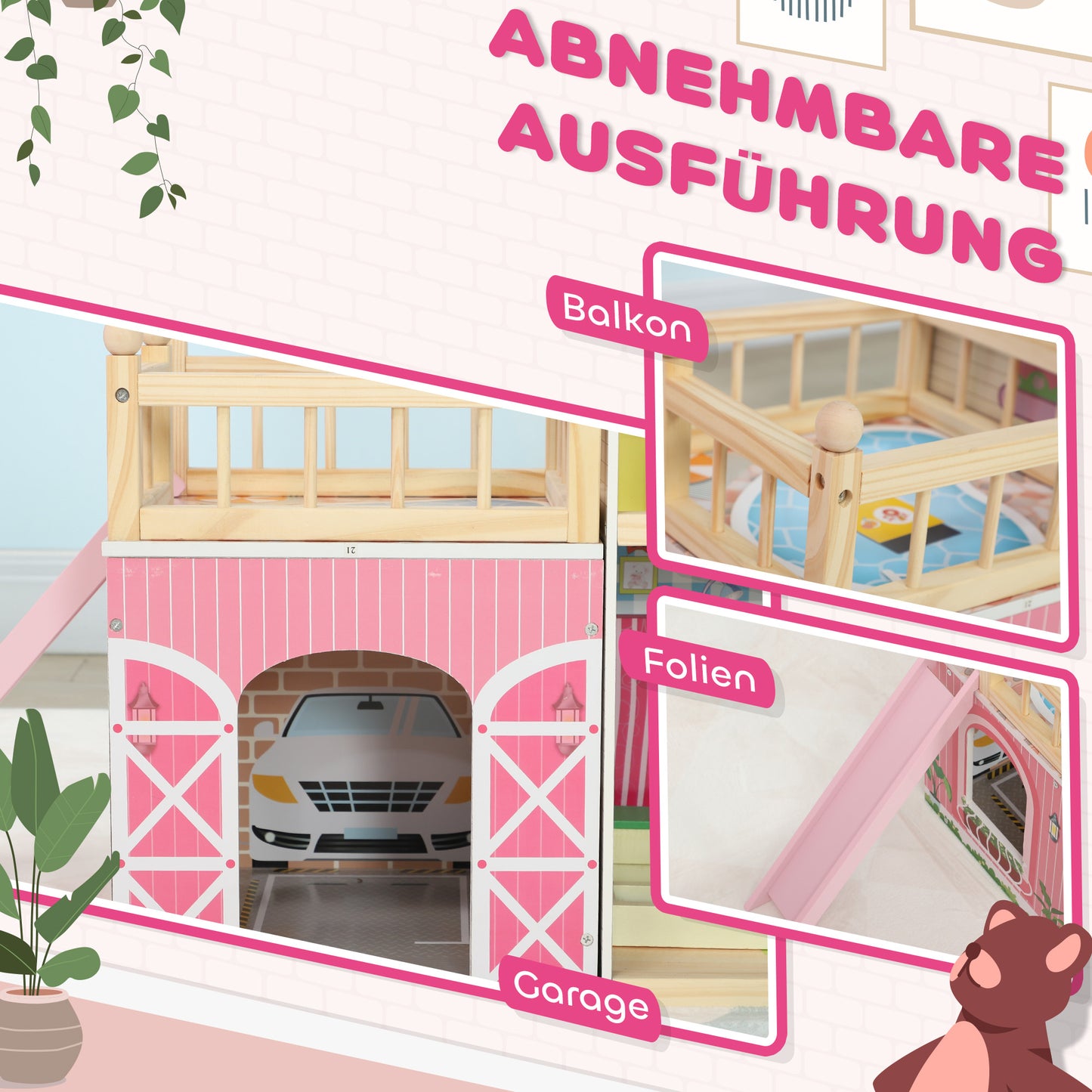 AIYAPLAY Puppenhaus, 3 Etagen, 13 Möbelstücke, Garage, Rutschen & Balkon, 114 x 32 x 92 cm, Rosa