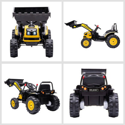 HOMCOM Kinder Elektrobagger Sitzbagger für Kinder Aufsitzbagger Geländewagen traktor elektrisch zum Fahren mit Musik Schaufel Armen 3–5 Jahre PP-Kunststoff Stahl Gelb 132 x 62 x 65 cm