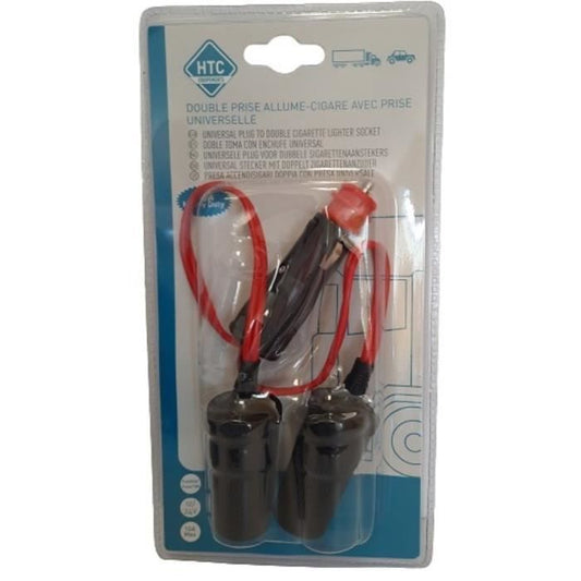 Double cigarette lighter socket 12/24V - HTC EQUIPEMENT - With 10A universal socket and 20cm red cable