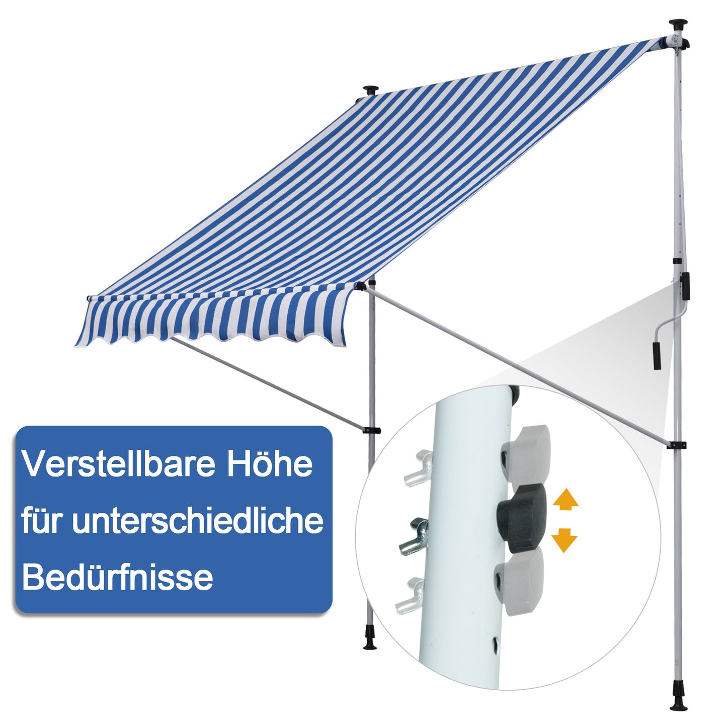 Outsunny Klemmmarkise mit Handkurbel höhenverstellbar Gelenkarmmarkise schmutzabweisend, witterungsbeständig Balkonmarkise 150cm breit Terrassenmarkise für Terrasse Balkon Veranda Blau+Weiß