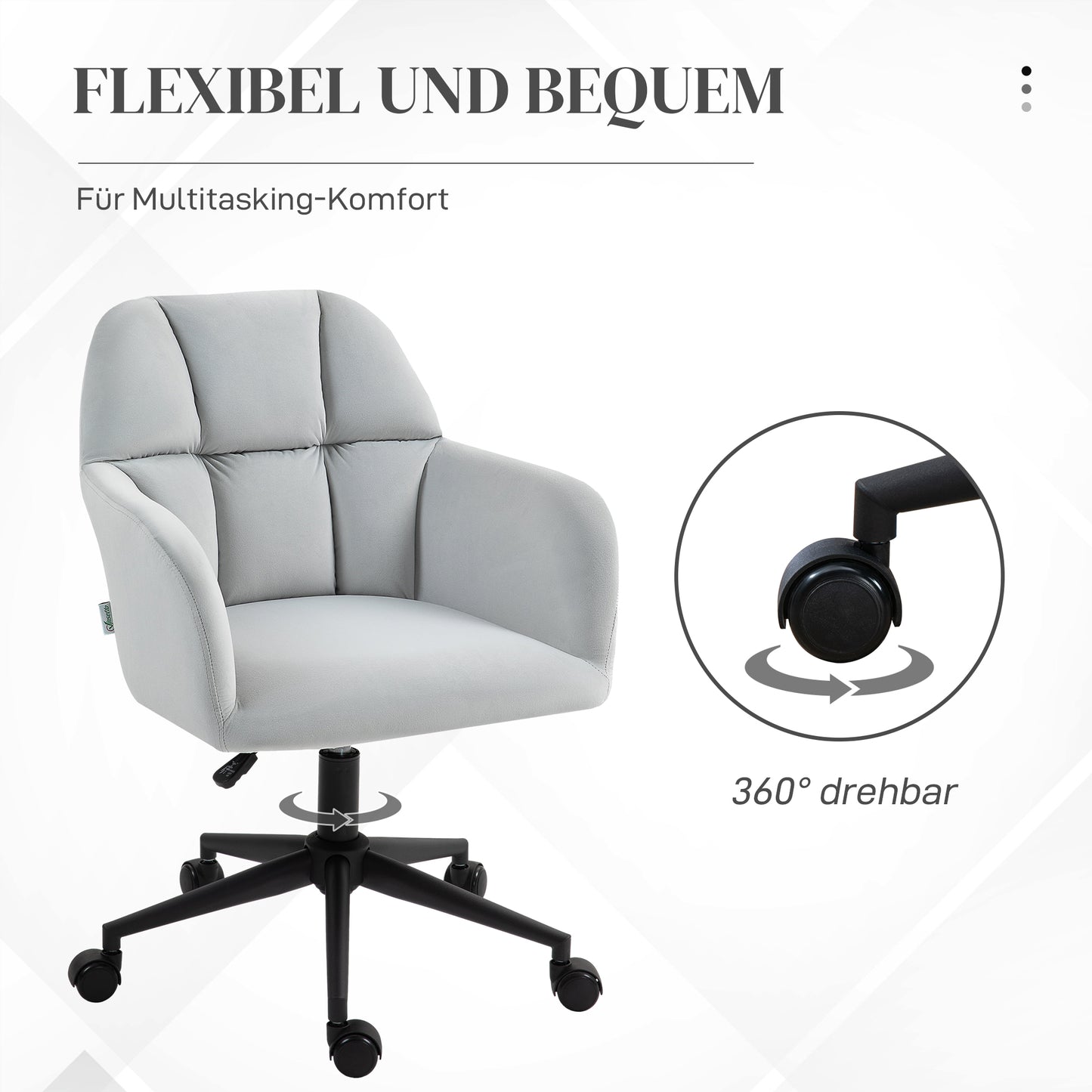 Vinsetto Bürostuhl, ergonomisk, höhenverstellbar, drehbar, Samtoptik, bis 120 kg, Hellgrau