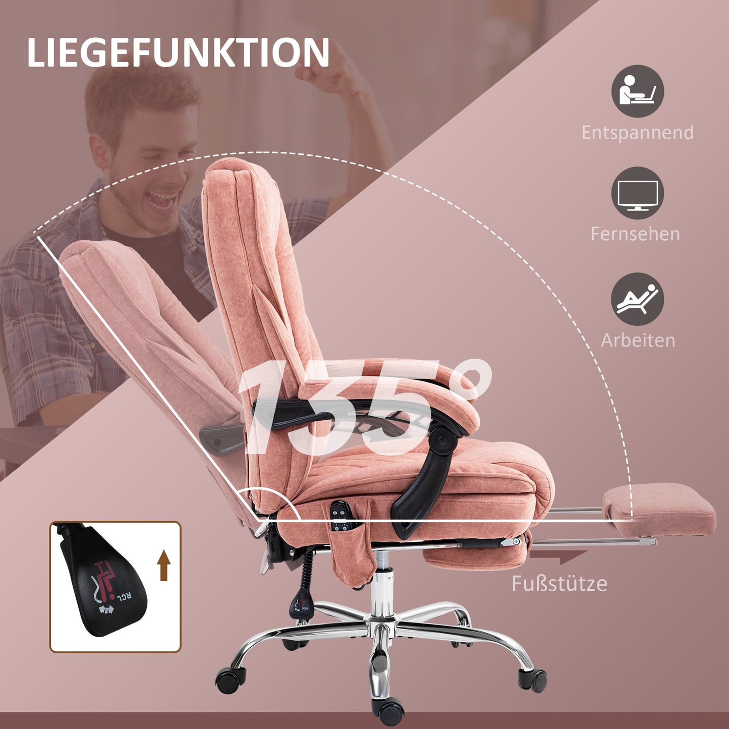 Vinsetto Ergonomischer Bürostuhl mit Massagefunktion, Fußstütze, drehbar, rollbar, Rosa