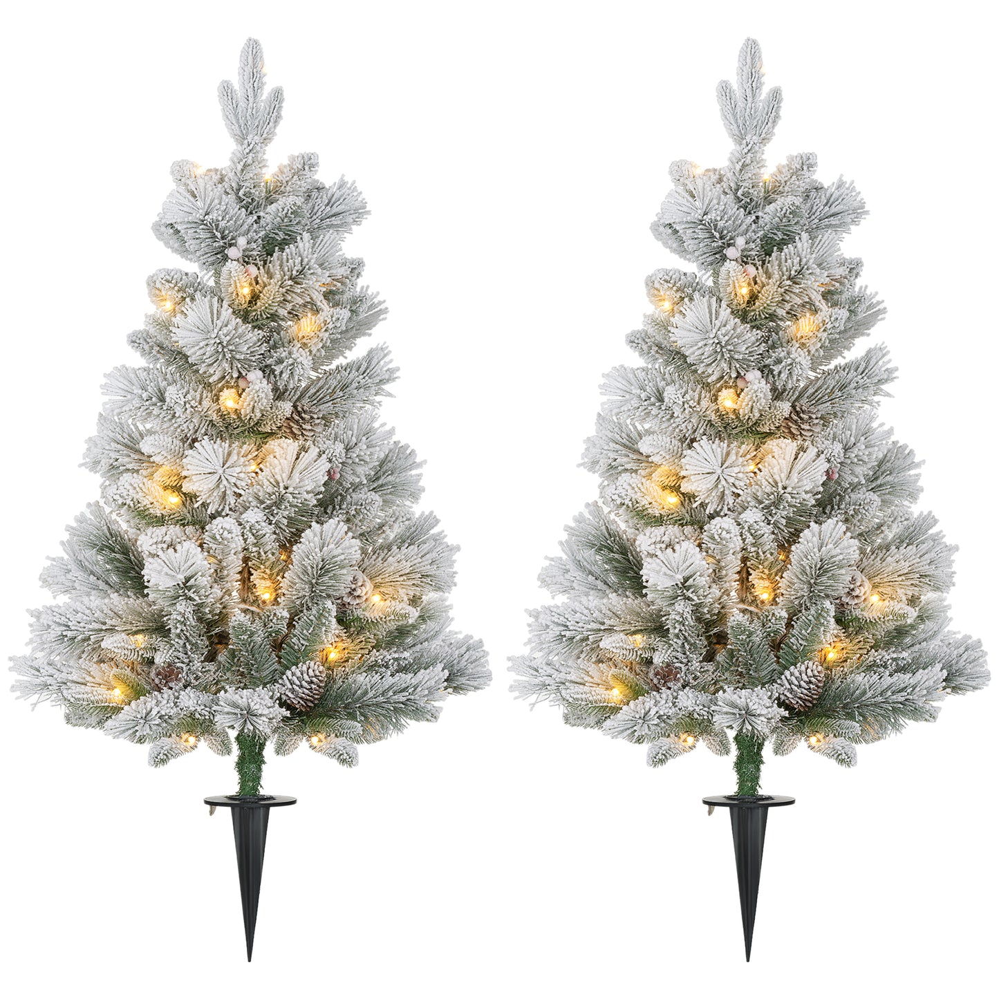 HOMCOM Weihnachtsbaum mit LED-Beleuchtung, 2er-Set, 107 cm, Tannenzapfen, rote Beeren, feuersicher, Grün/Weiß