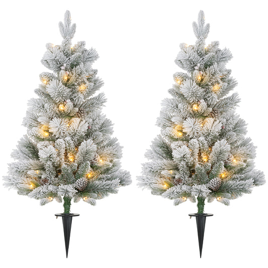 HOMCOM Weihnachtsbaum mit LED-Beleuchtung, 2er-Set, 107 cm, Tannenzapfen, rote Beeren, feuersicher, Grün/Weiß