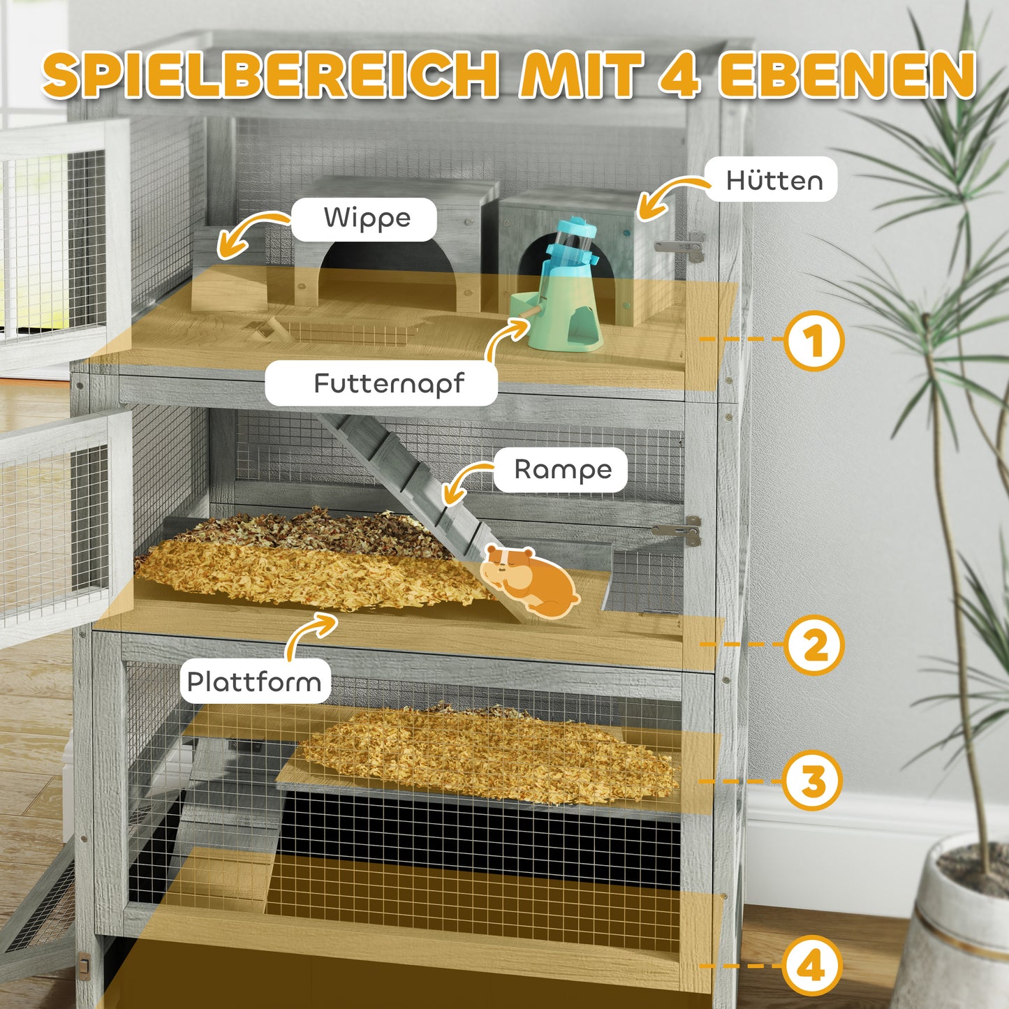 PawHut 4-stufiger Hamsterkäfig aus Holz, mit Hütten, Wippe, Futterschalen, Rampen, Rollen, 65 x 45 x 109 cm, Grau