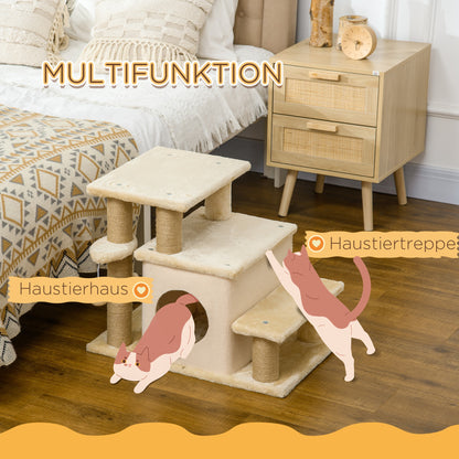 PawHut Haustiertreppe, Kratzbaum, 4 Stufen, Spielball, Häuschen, höhenverstellbar, 60 x 40 x 66 cm, Beige