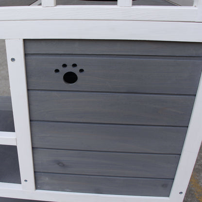 PawHut Katzenhaus, Tannenholz, Katzenhütte für draußen mit Terrasse, Katzenhöhle, 4 Etagen, Katzenvilla mit Treppe, Asphaltdach, Winterfest, Kleintierhaus, Grau, 75,5 x 75 x 137 cm