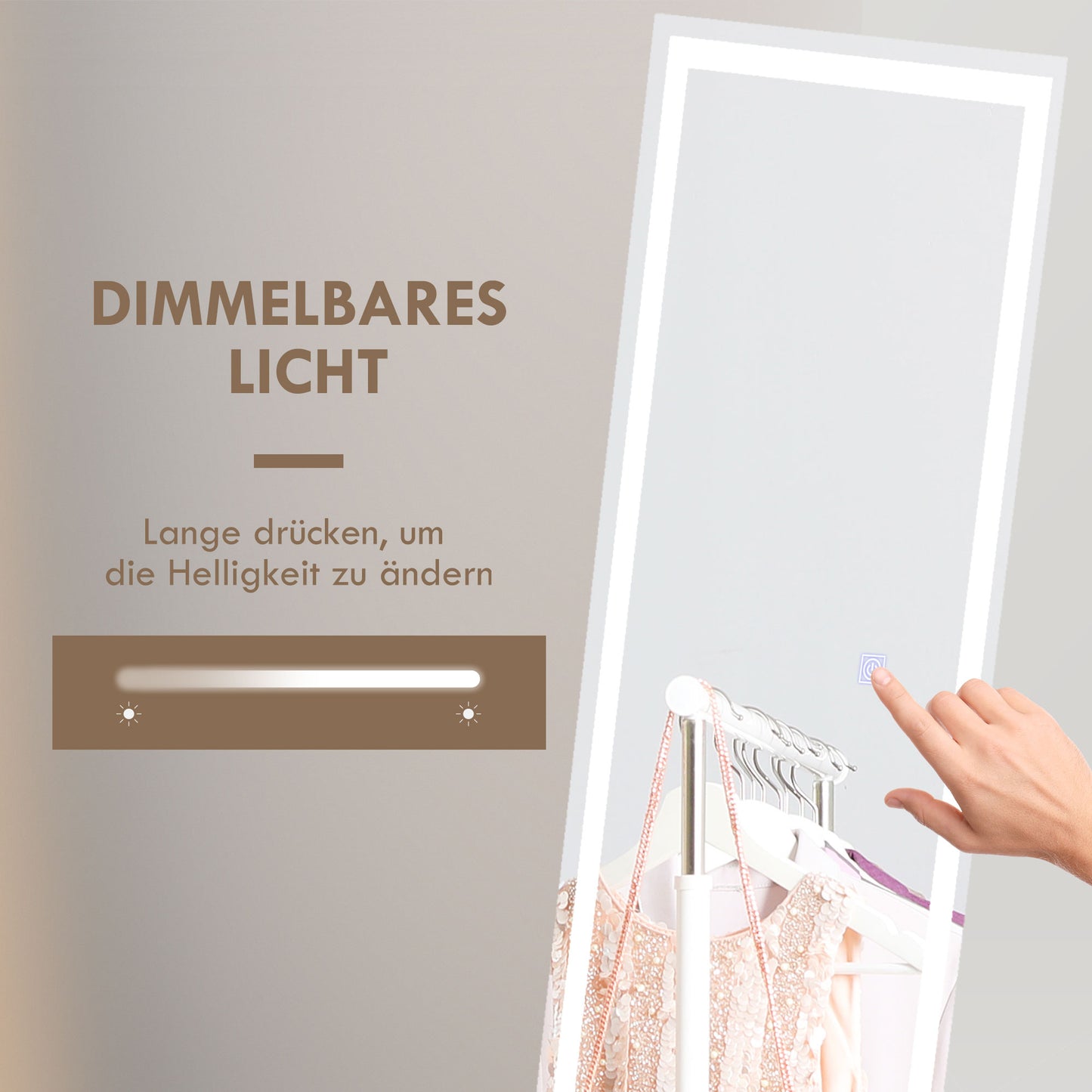 HOMCOM Standspiegel Wandspiegel Ganzköprerspiegel, mit LED´s, 40 cm x 150 cm, Weiß + Silber