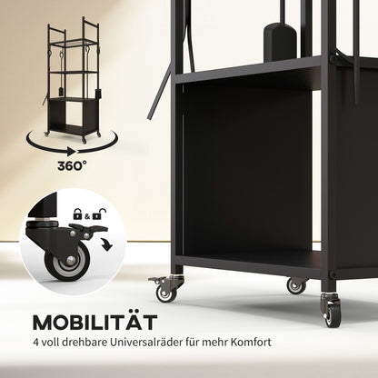 Outsunny 4-Ebenen-Feuerholzregal mit Rädern und 4 Werkzeugen, Brennholzregal aus Metall für den Innen- und Außenbereich, Schwarz