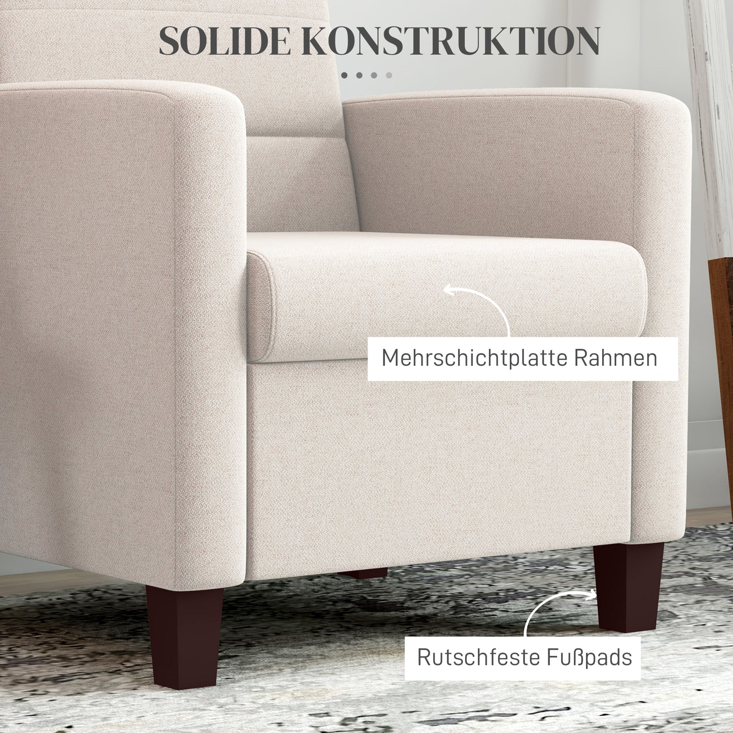 HOMCOM Polstersessel in Leinenoptik, Schaumstoff, Sitzkissen, Holzrahmen, Cremeweiß