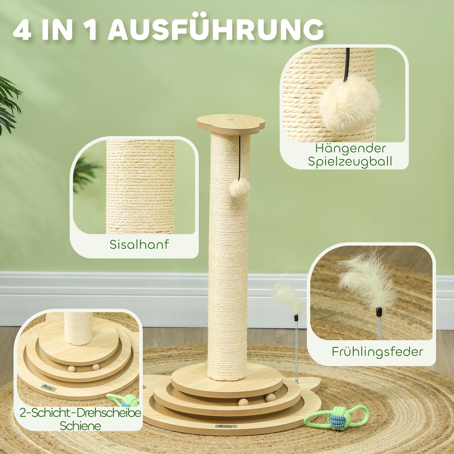 PawHut Katzenkratzbaum, 69 cm, Sisal-Kratzpfosten, Kugelbahn, Spielball, Spielfeder, 4-in-1-Design, Cremeweiß
