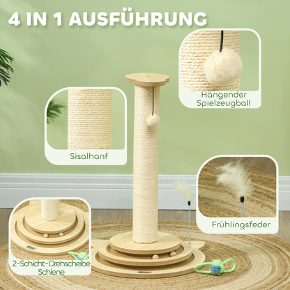 PawHut Katzenkratzbaum, 69 cm, Sisal-Kratzpfosten, Kugelbahn, Spielball, Spielfeder, 4-in-1-Design, Cremeweiß