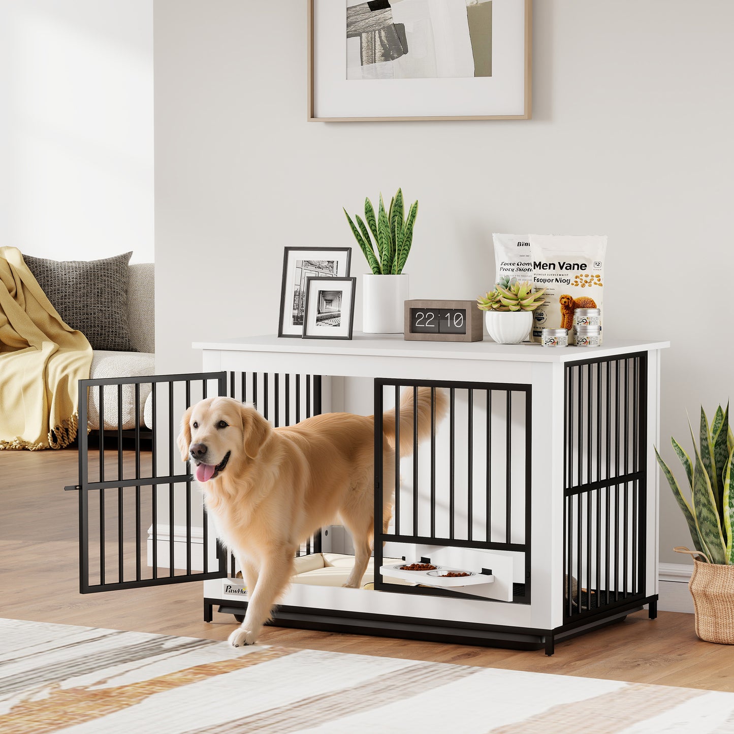 PawHut Große Hundebox, einfacher Zugang, verschließbar, drehbarer Schüsselhalter, för små och stora Hunde, Weiß