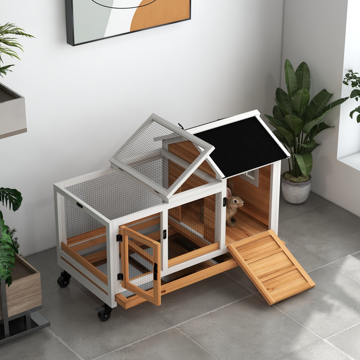 PawHut Kleintierstall für Zwergkaninchen, Meerschweinchen, mit Rädern, 108 x 58 x 73,5 cm, Gelb