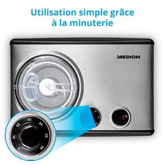 MEDION Electric aluminum ice cream and yogurt maker with compressor, ice cream machine with a capacity of 1.5 liters (corresponds to