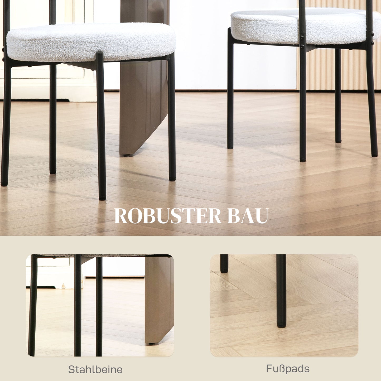 HOMCOM 2er-Set Esszimmerstühle, Fleece-Polsterung, Stühle mit Polstersitz, Metallbeine, Cremeweiß