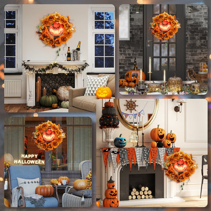 Outsunny Halloween-Kranz, Grusel-Kürbis-Design, Herbstblätter, Lichteffekte, Kunststoff