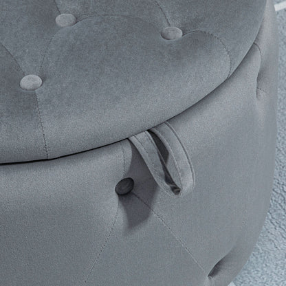 HOMCOM Hocker, rund, mit Staufach, Steppdesign mit Knöpfen, Bezug in Samtoptik, grau, 60 x 60 x 40cm