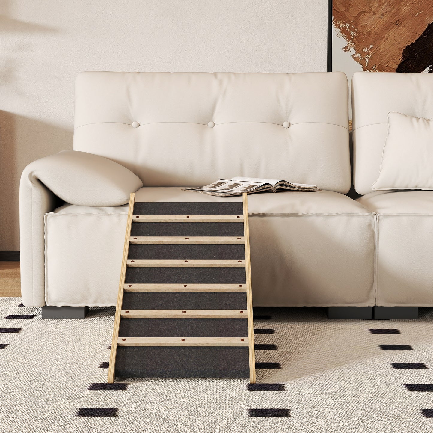 PawHut Haustiertreppe, Hundetreppe, Kiefernholz, Anti-Rutsch-Beschichtung, 90 cm x 40 cm x 45 cm, Natur + Grau