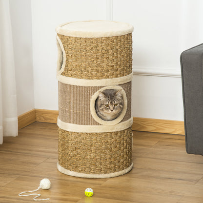 PawHut Kratztonne, Höhe 70 cm, Katzenkratzbaum für katzen 3 Ebenen Katzenbaum Kletterbaum Katzenmöbel mit Sisal Plüsch