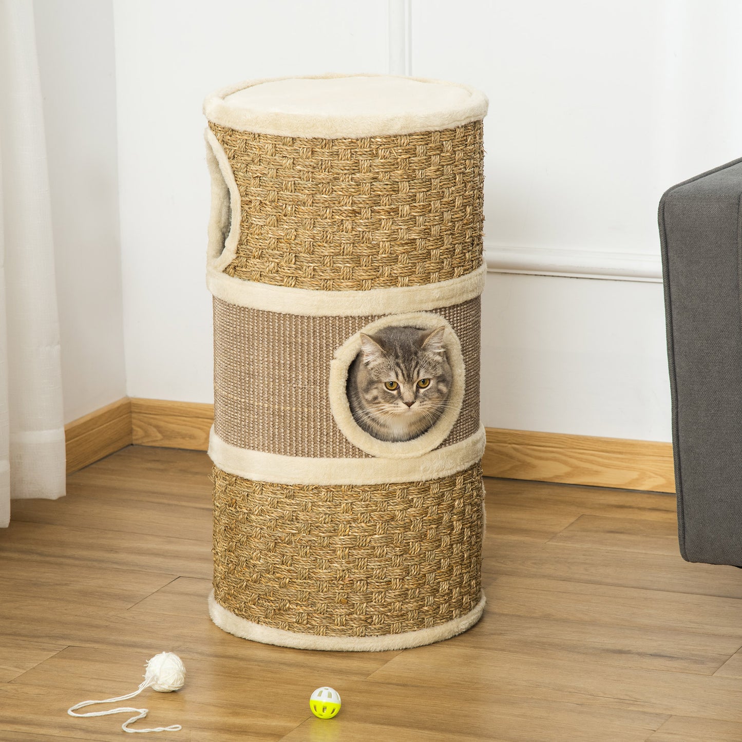PawHut Kratztonne, Höhe 70 cm, Katzenkratzbaum für katzen 3 Ebenen Katzenbaum Kletterbaum Katzenmöbel mit Sisal Plüsch