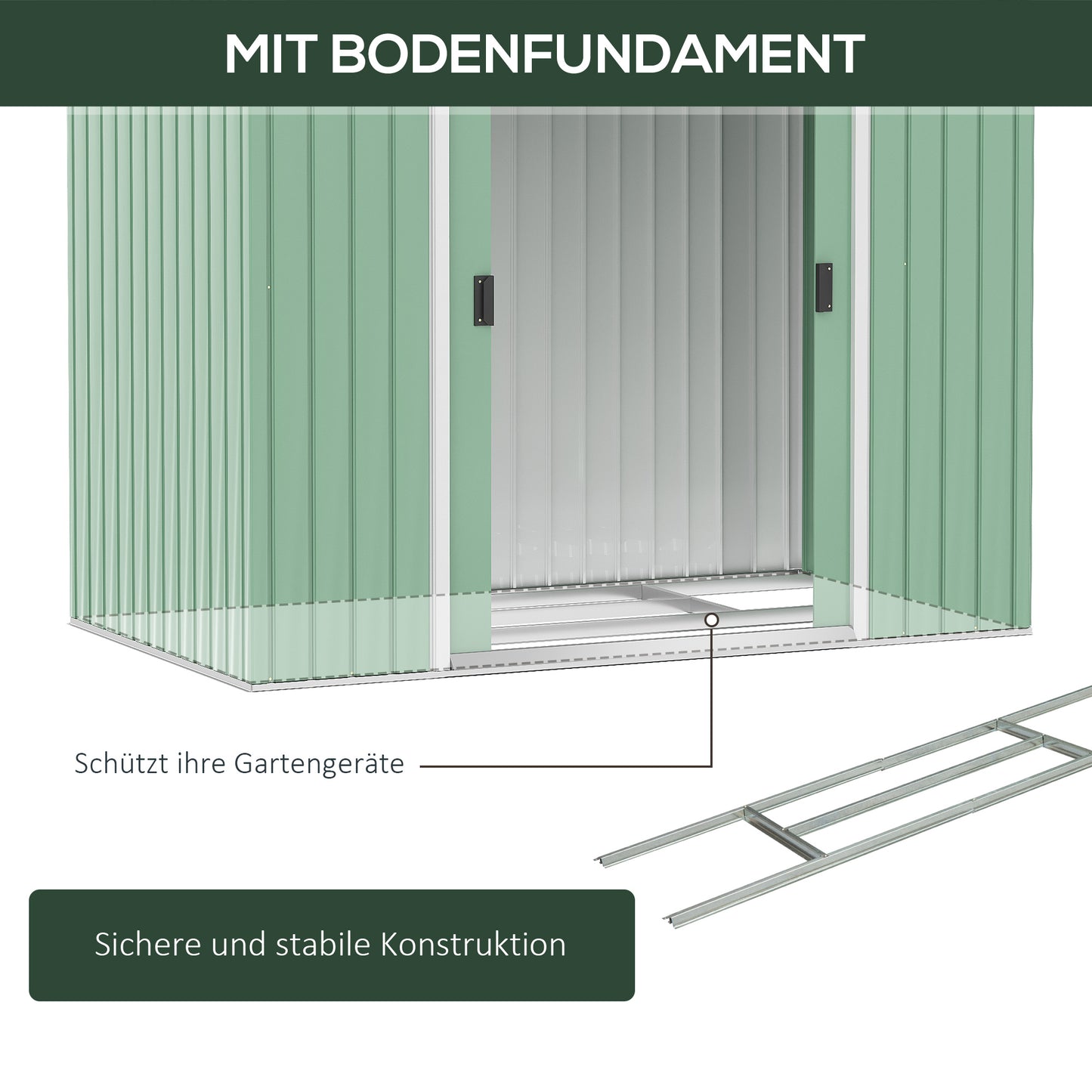 Outsunny Gartenschuppen, 2 Schiebetüren, Lüftungsfenster, Bodenrahmen, rostfrei, Stahl, hellgrün, 2,13 x 1,30 x 1,85 m
