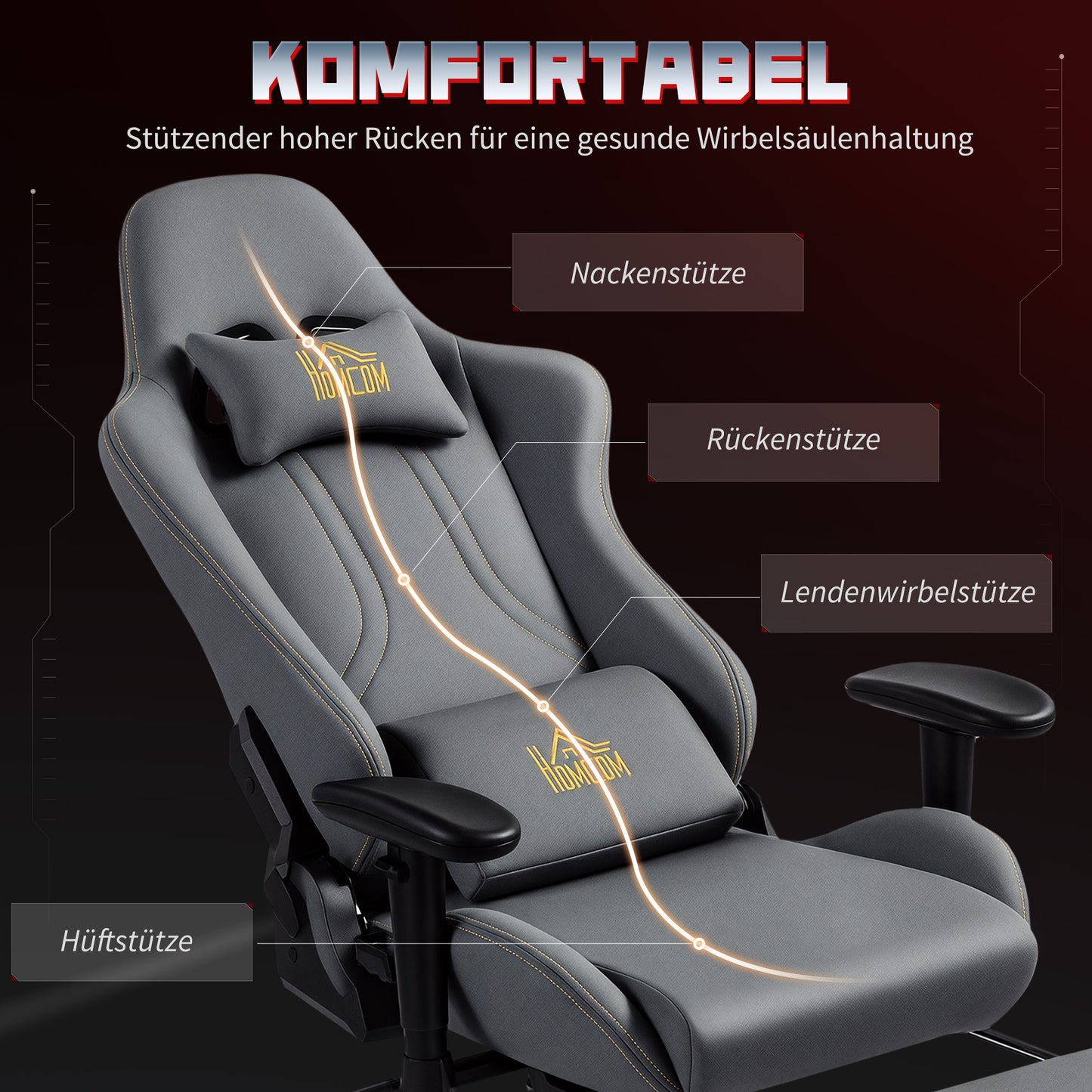 HOMCOM Ergonomischer Gaming-Stuhl mit 3D-Armlehnen, verstellbar, rollbarer Schreibtischstuhl mit Lendenstütze, Grau