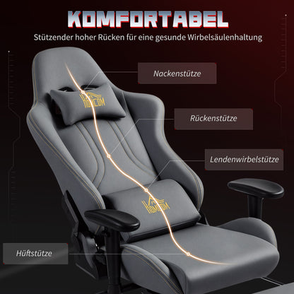 HOMCOM Ergonomischer Gaming-Stuhl mit 3D-Armlehnen, verstellbar, rollbarer Schreibtischstuhl mit Lendenstütze, Grau