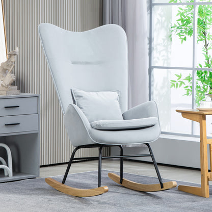 HOMCOM Schaukelstuhl, weicher Bezug in Samtoptik, mit Lendenkissen, bis 120 kg belastbar, 67 x 85 x 112 cm, Hellgrau