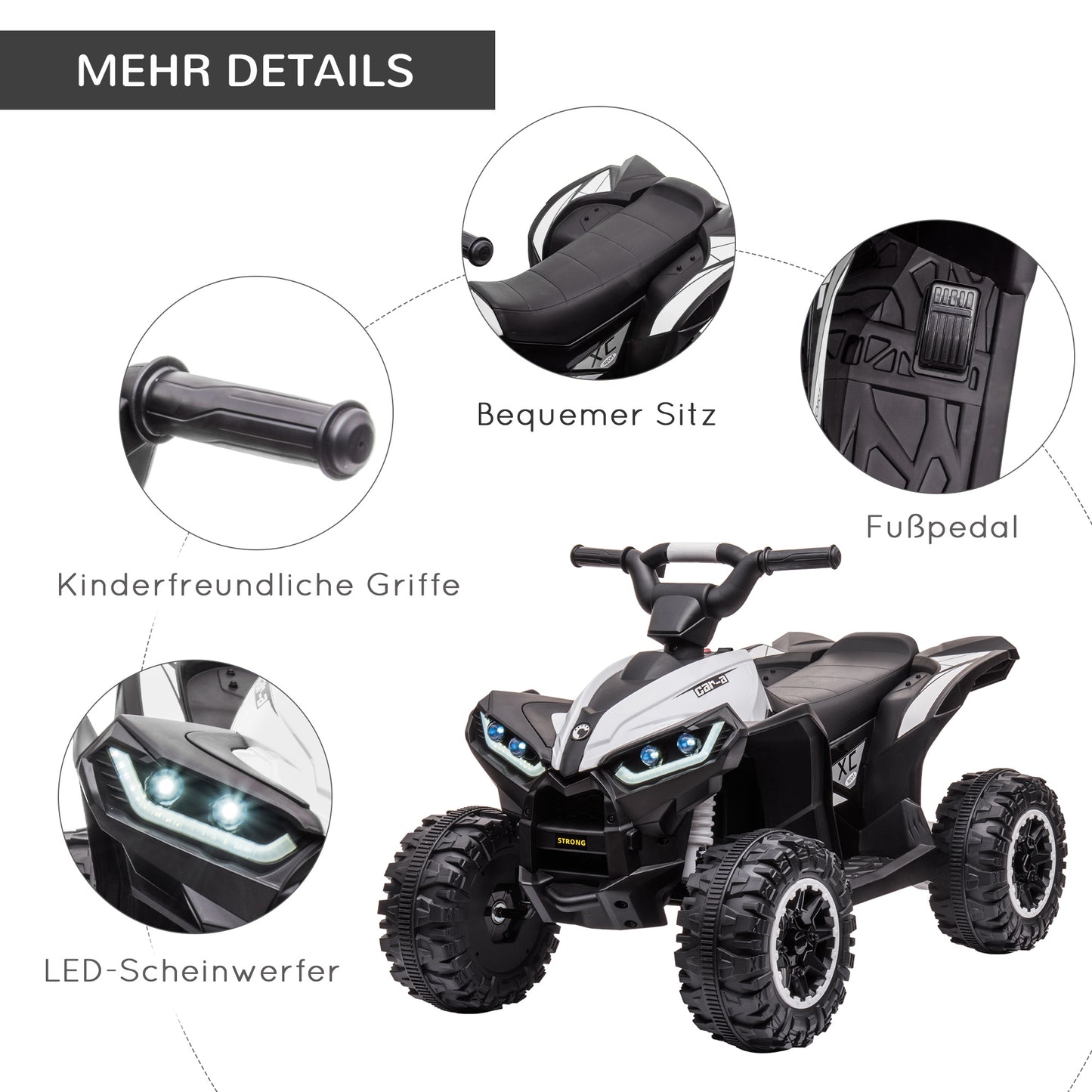 HOMCOM Kinder-Quad Elektrisches Kinderauto, 6 km/h, Sound- und Lichteffekte, : 83 cm x 53 cm x 55,5 cm, Schwarz + Weiß